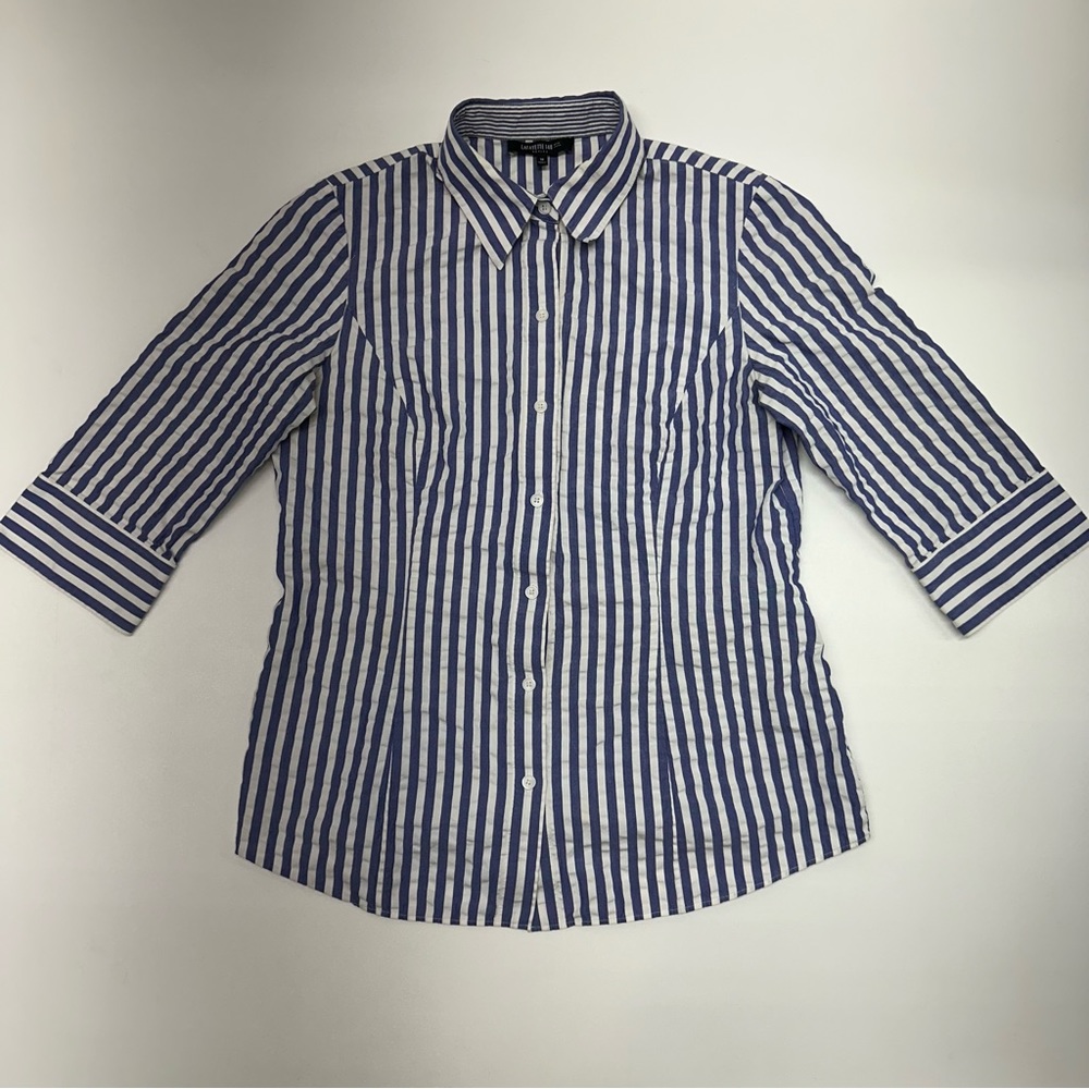 Lafayette 148 Striped Three Quarter Sleeve Button Down Shirt Womens Size 10 - Picture 2 of 10